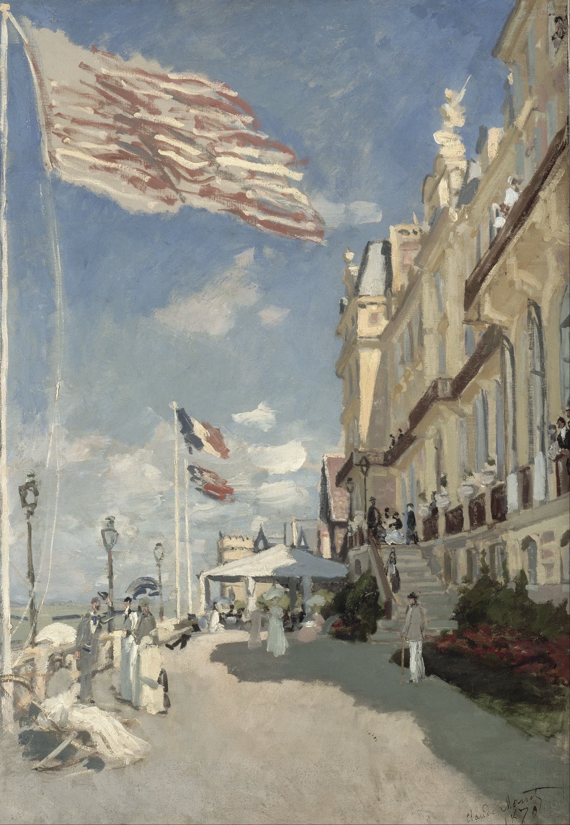 Claude Monet's painting of the Hôtel des Roches Noires at Trouville: guests on a sunlit seaside promenade and on the steps of the hotel, flags above them.